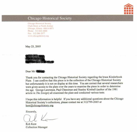 Letter from the Chicago Historical Society